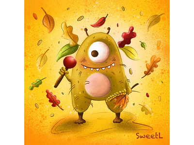Monster Rick 2d art autumn beast branches branding candy cartoon character chupa chups fall forest horns illustratorukraine leaves monster one eyed sweet tooth sweetl sweets wood