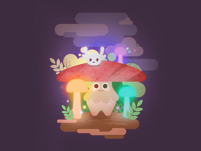 Bouncing creature and mushroom aftereffects animation character design fantasy flat glow illustration illustrator textured vector vector illustration
