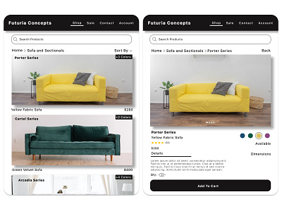 "Futuria Concepts" - Furniture app - Tablet UI app design design figma tablet tablet ui ui ux