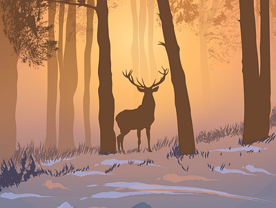Lone Stag foggy illustration illustration art stag sunrise vector art vector illustration wallpaper design