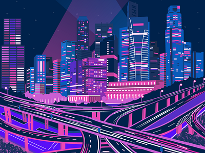 Cityscape antographics blue city city lights cityscape cyber cyberpunk dark illustration illustration art neon pink purple roads vector art vector illustration wallpaper design