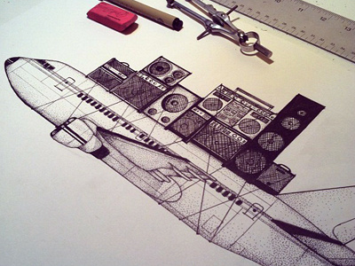 Airplane WIP illustration ink of paper