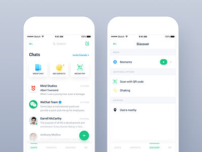 WeChat Design Concept chat chat app contact discover flat design ios app material media search social ui wechat