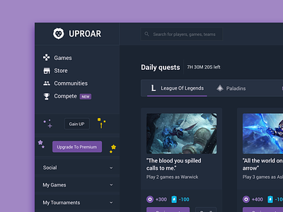 Uproar New Dashboard dash dashboard for game gamers platform premium rewards site subscription ui ux