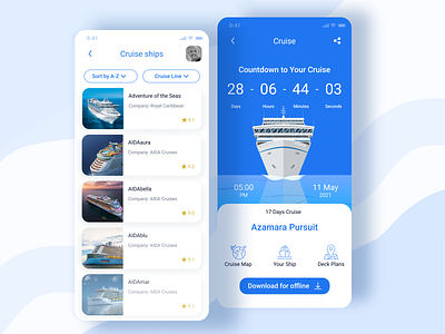 Cruise Booking App app booking cruise cruise ship design flat illustration illustrator lists mobile mobile ui onboarding ui ui ui design ux