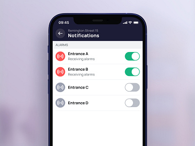 Enable/disable alarms in Tryva alarms app emergency ios list mobile settings switch ui ux
