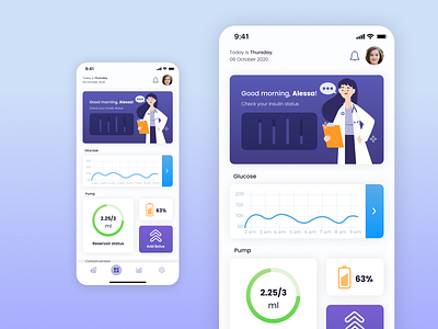 Insulin Pomp App Dashboard dashboard design flat home illustration insulin medicine minimal mobile page ui ux