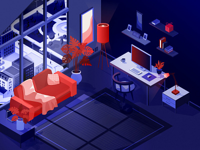 Charmy and cozy workspace 3d art artwork background cat concept creative design digital illustration illustration art isometric isometric illustration night poster sofa vector workspace