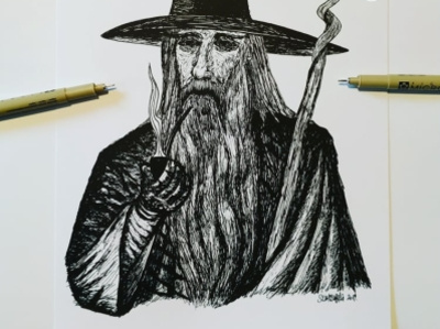 Gandalf the black black and white character design dark fantasy art gandalf ink lord of the rings mage wizard