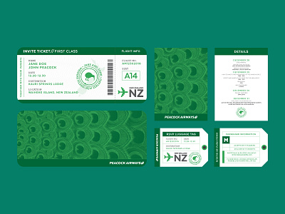 Peacock Wedding Invite Package airline airplane green invite vector wedding