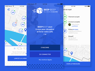 BeepBeep — Package delivery app blue delivery dropoff geolocation map package pickup register send uiux user