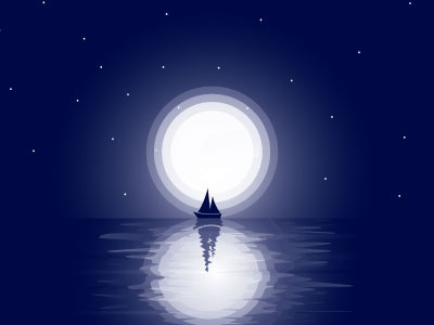 Lost At Sea boat illustration moon flat ocean ship