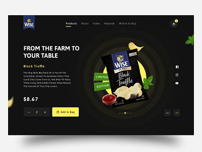 Wise chips website hero section - Dark mode UI Design black chips chipswebsite clean ui darkmode darkui design ecommerce herosection landingpage productdesign shop ui uiux webdesign websitedesign webui wise