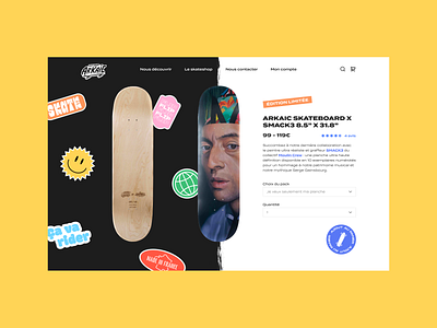 Arkaic Product Page | Skateshop design desktop eshop product page skate skateboard skateshop splitscreen stickers ui design webdesign website