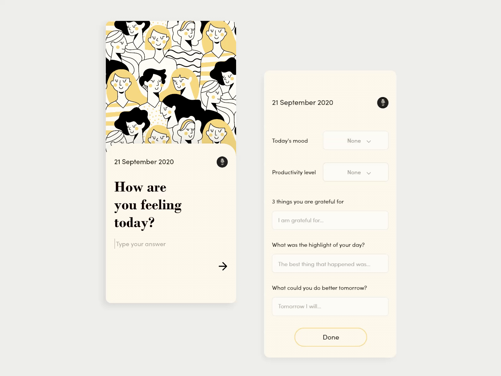 Journaling App adobe xd app cards daily 100 challenge daily ui dailyui dropdown happiness interface journal journaling managment mood product productivity team ui ui design ux visual