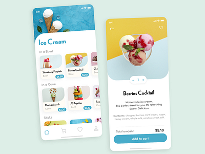 Ice Cream App add to cart adobe xd card dailyui delivery design ecommerce food ice cream interface mobile app mobile ui product ux visual