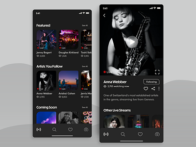 Live Streaming Jazz Music App adobe xd beats dailyui interface jazz jazz music live streaming mobile app mobile experience mobile ui music app product streaming app ui ui design ux visual