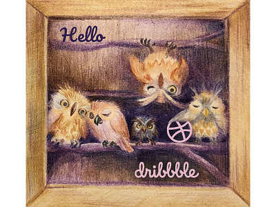 Hello Dribbble animal character colored pencils cute illustration hello dribbble illustration owl