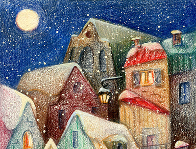 Let it snow christmas colored pencils illustration night town postcard snow winter