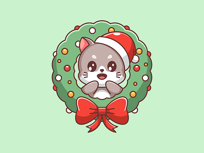 Christmas wreath for winter animal cartoon cat christmas cute design fun funny illustration logo mascot wawadzgn winter