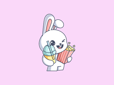 Popcorn and drink animal bunny cartoon cute design drink fun funny happy illustration kids logo movie popcorn rabbit smile vector watch