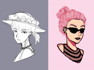 Blue & Pink black and white colored digital painting illustration sketch