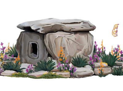 dolmen/cromlech tomb structure 2d structure archaeological archaeology childrens book design digital paint flowers historical places illustration nature photoshop art structure tomb tombstone turkey