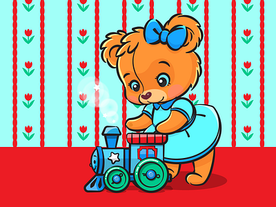 Arthur's friend bear bright card child cute cute animal design illustraion toy train vector