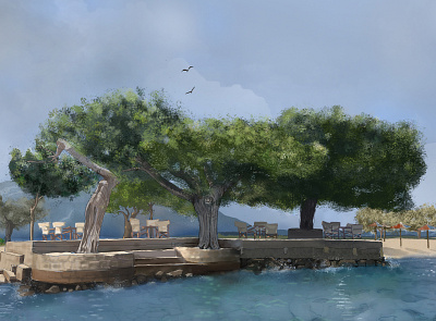 Terrace by the sea digital painting illustration