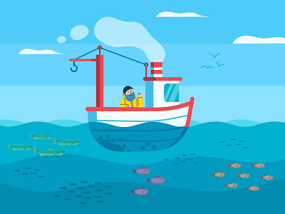 Fisherman 2d blue clouds fish fisherman illustration landscape ocean old man sea vector vector illustration water wildlife