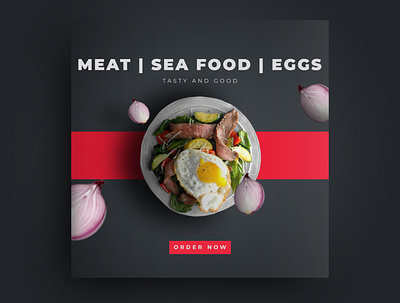 Meat | Sea Food | Eggs and bowl chicken color design drop shadow eggs good onion order now sea food skeuomorphic social media social media post tasty