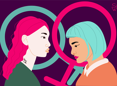 Two modern girls with a Venus mirror on the background. character characters design flat human illustration lgbt lgbtq people vector woman