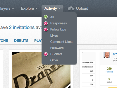 Activity notification for Dribbble 2 button dribbble green pink