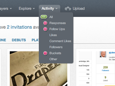 Activity notification for Dribbble 3 button dribbble green pink