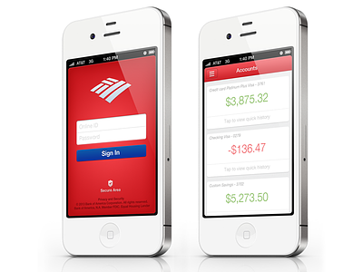 Bank of America Sign In And Accounts accounts app blue iphone log in red sign in ui white