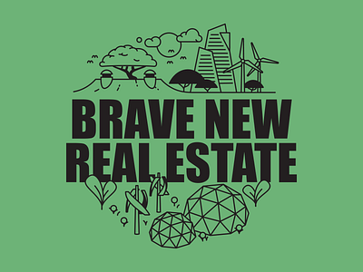 Brave New Real Estate podcast thumbnail branding design flat future futurism illustration monoline podcast real estate solar solarpunk system trees vector wind