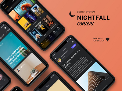 Nightfall Content Refreshment app dark darkmode design design system flat ios mobile shop sketch ui ui design uikit ux uxdesign