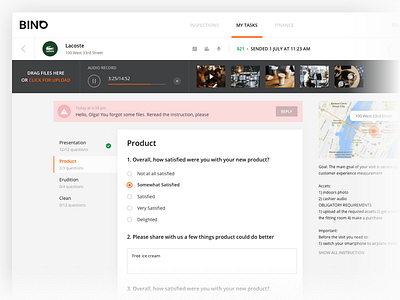 Inspection page for BINO CX audio dashboard files media platform service survey ui ux web