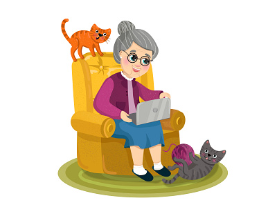 grandma adobe illustrator cat cute illustration grandma grandmother illustration illustrator laptop vector vector illustration