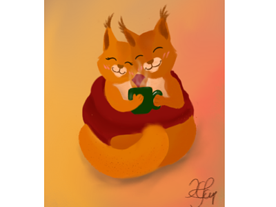 Squirrels animal art autumn cartoon cozy cute design freelance illustrator illustration love tea