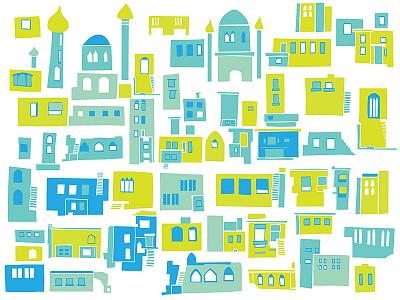 Flat color city blue city color door flat green house mosque set