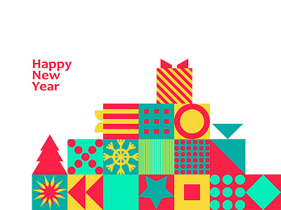 Happy New year geometry gifts green holiday red yellow
