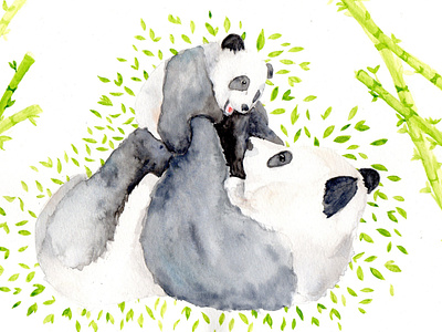 Mother and baby panda watercolor