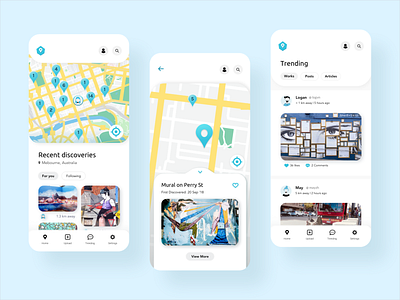 Artscape Mobile App Concept app concept blue map design map ui maps material design minimal mobile app mobile ui newsfeed product design social media turquoise turquoise mobile app ux design