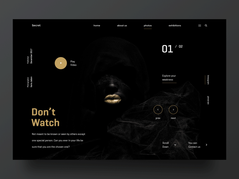 Secret art dark design gold landing layout photography product secret ui ux website