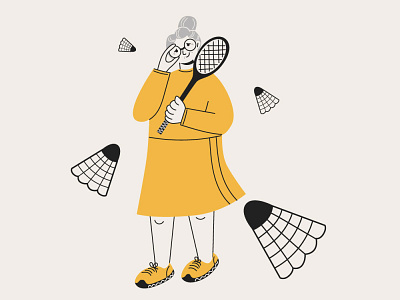 Elderly fashionable woman with badminton racket cheerful