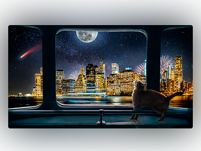 Matte Painting - Cat on the window adobe photoshop cat collage matte painting night city window