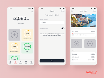 Saving | Wally app design mobile app mobile banking money money transfer online banking saving savings ui ux