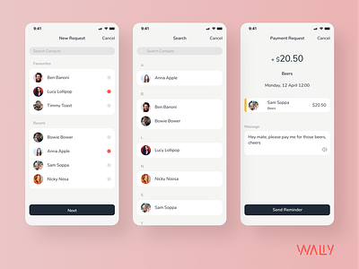 Payment Request | Wally app design digital bank mobile app money online bank online banking request transfer ui design ux design