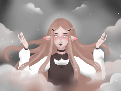The girl in the clouds. clouds cross elf fly girl gray hand illustration magic mistery sky smoke